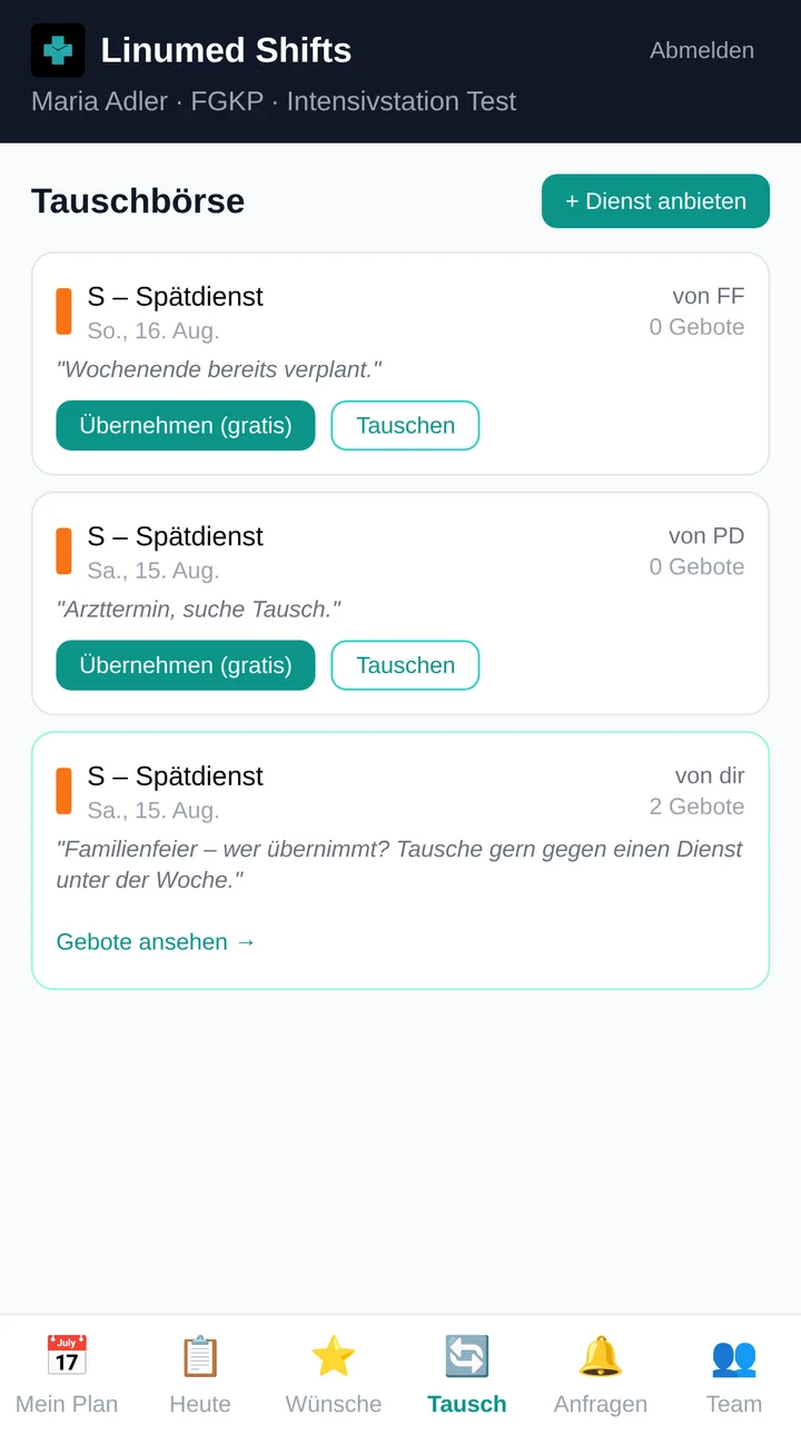 Tauschbörse in der Companion-App: zwei von Kolleginnen angebotene Spätdienste mit Begründung und den Schaltflächen „Übernehmen“ und „Tauschen“, darunter ein eigenes Angebot mit zwei eingegangenen Geboten.